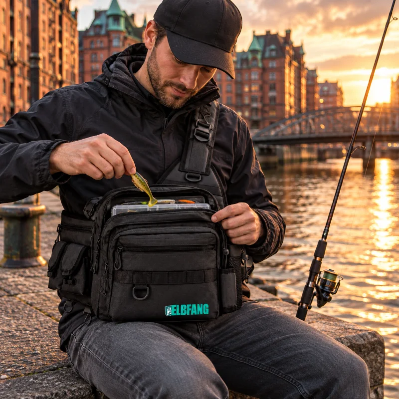 Streetfishing-Angler mit ELBFANG Angeltasche an der Hamburger Speicherstadt